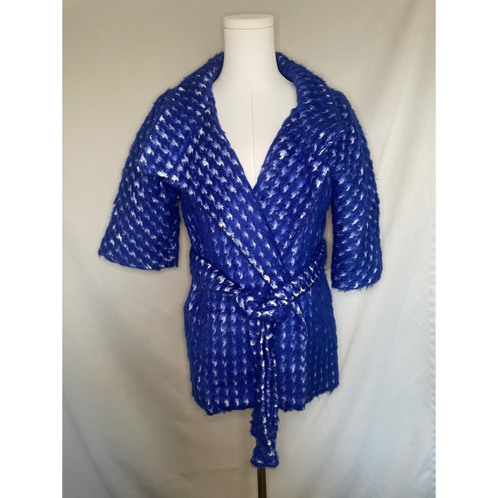 Daniela Corte Cobalt Blue Brushed Houndstooth Belted Jacket Silk Lined USA